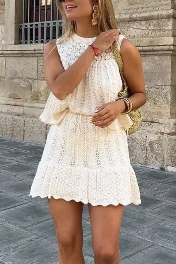 Knitted Vest Hollow Top   Knitted High Waist Mini Skirt