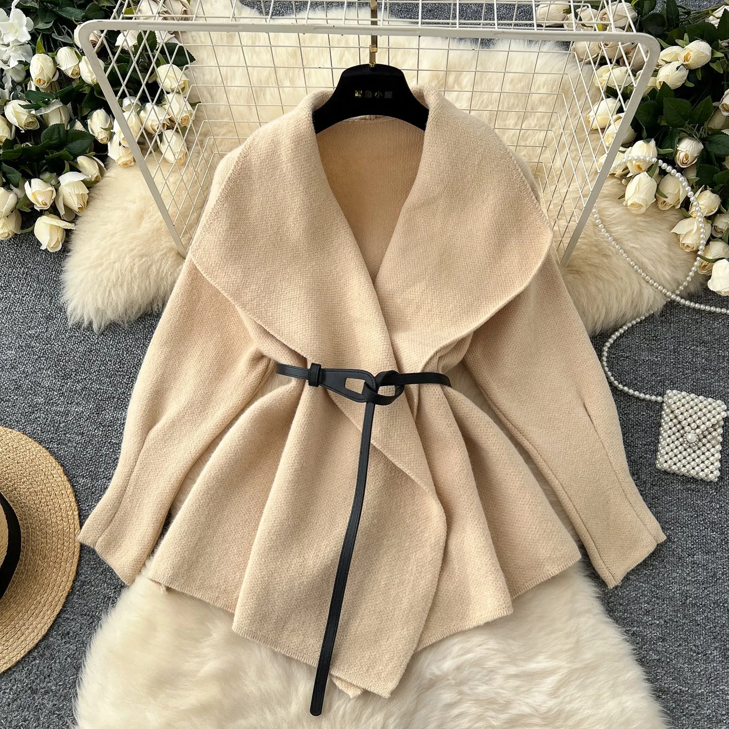 Lapeled Shawl Cardigan with Waistband