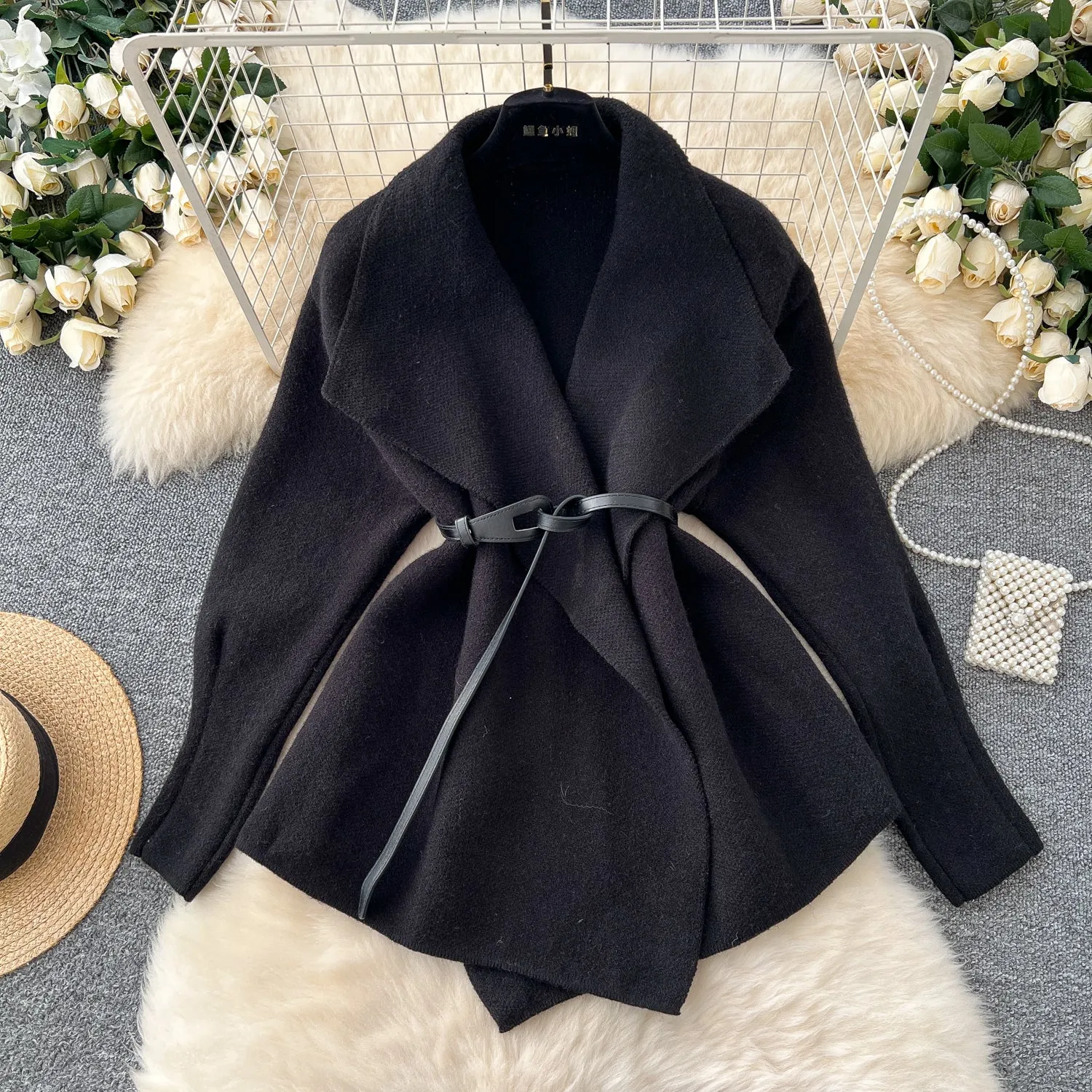 Lapeled Shawl Cardigan with Waistband