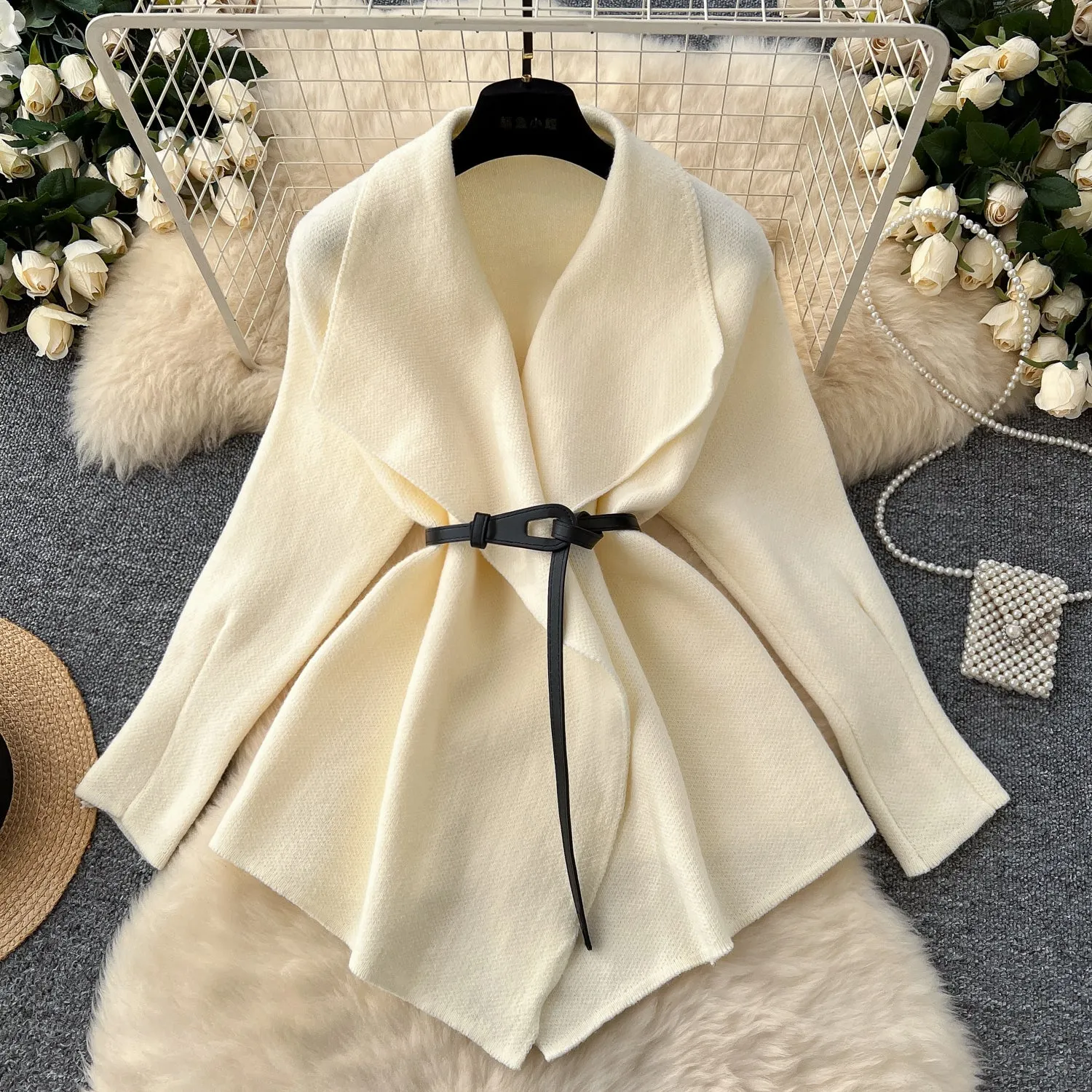 Lapeled Shawl Cardigan with Waistband