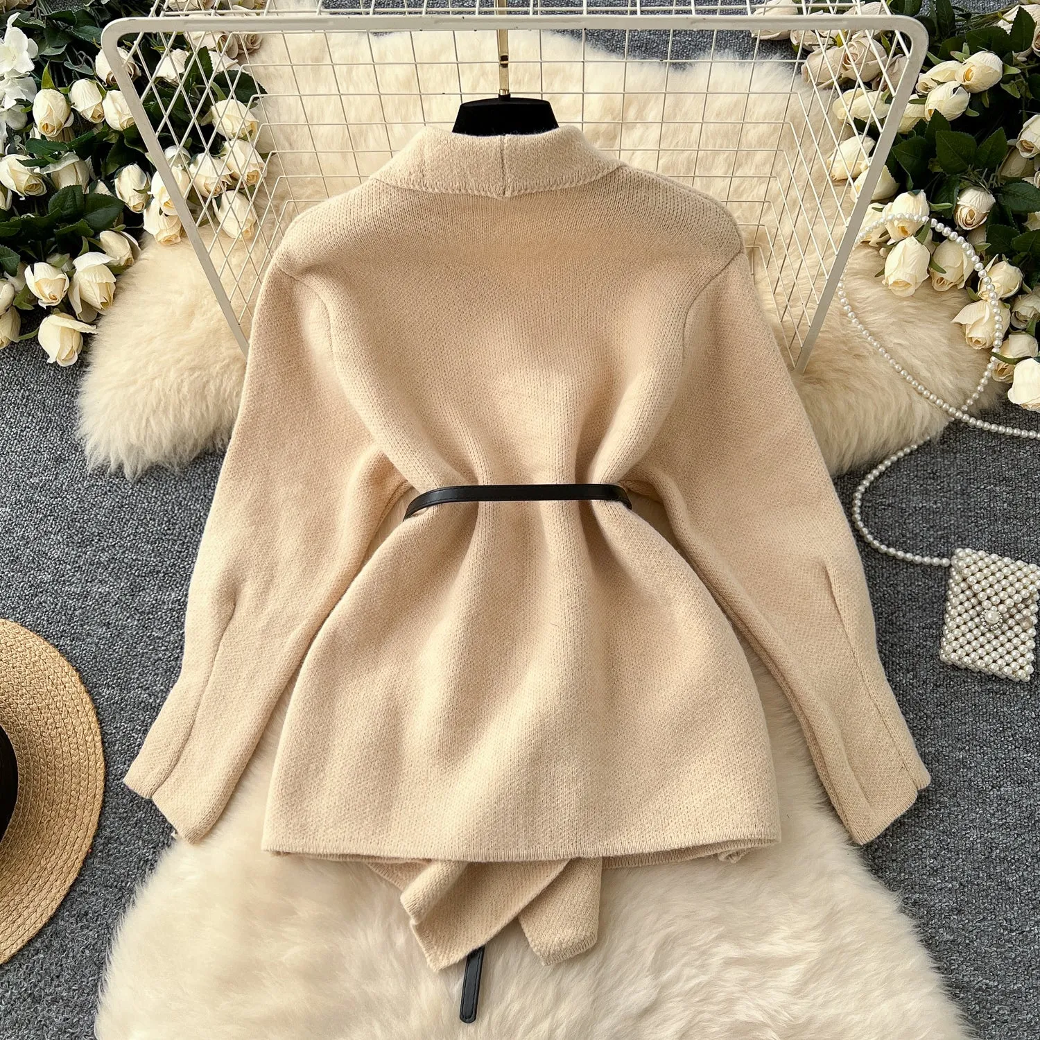 Lapeled Shawl Cardigan with Waistband
