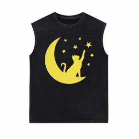 Lively Cat and Moon Star Vintage Washed Vest Top