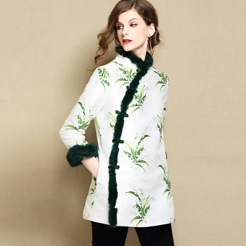 Long Sleeve Floral Fancy Cotton Chinese Style Wadded Coat with Fur Edge