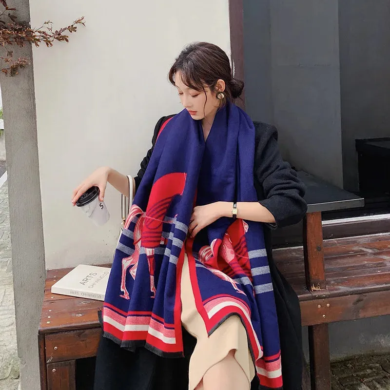 Luxury Winter Cashmere Scarf Women 2022 Design Warm Pashmina Blanket Horse Scarves Female Shawl Wraps Thick Foulard Bufanda