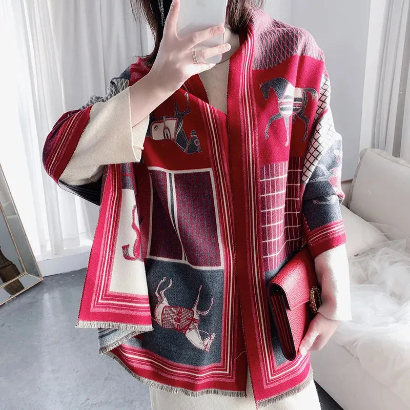 Luxury Winter Cashmere Scarf Women 2022 Design Warm Pashmina Blanket Horse Scarves Female Shawl Wraps Thick Foulard Bufanda