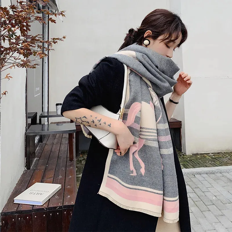 Luxury Winter Cashmere Scarf Women 2022 Design Warm Pashmina Blanket Horse Scarves Female Shawl Wraps Thick Foulard Bufanda
