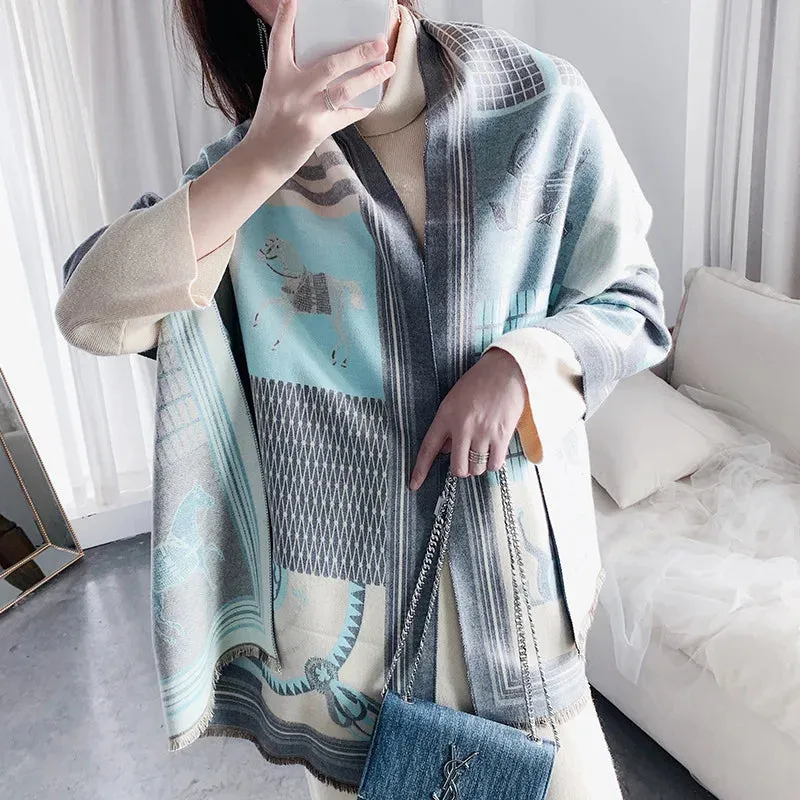 Luxury Winter Cashmere Scarf Women 2022 Design Warm Pashmina Blanket Horse Scarves Female Shawl Wraps Thick Foulard Bufanda