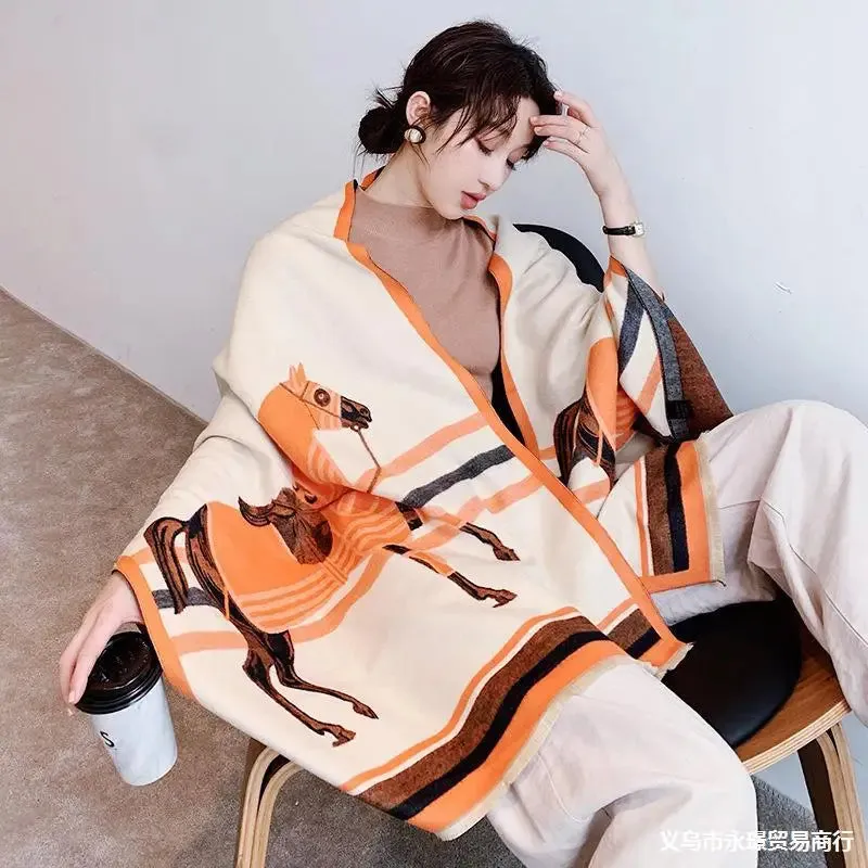 Luxury Winter Cashmere Scarf Women 2022 Design Warm Pashmina Blanket Horse Scarves Female Shawl Wraps Thick Foulard Bufanda