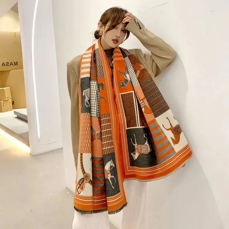 Luxury Winter Cashmere Scarf Women 2022 Design Warm Pashmina Blanket Horse Scarves Female Shawl Wraps Thick Foulard Bufanda