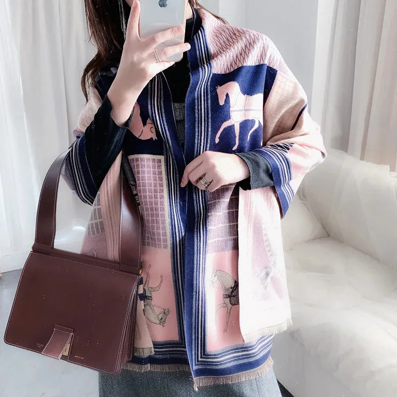 Luxury Winter Cashmere Scarf Women 2022 Design Warm Pashmina Blanket Horse Scarves Female Shawl Wraps Thick Foulard Bufanda