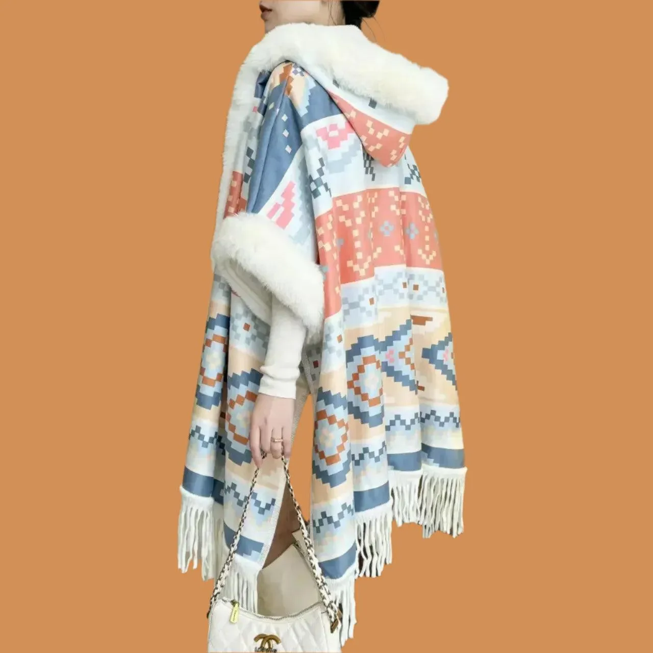 Luxury Woolen Hooded Cloak – Fall/Winter Fur Collar Poncho for Women