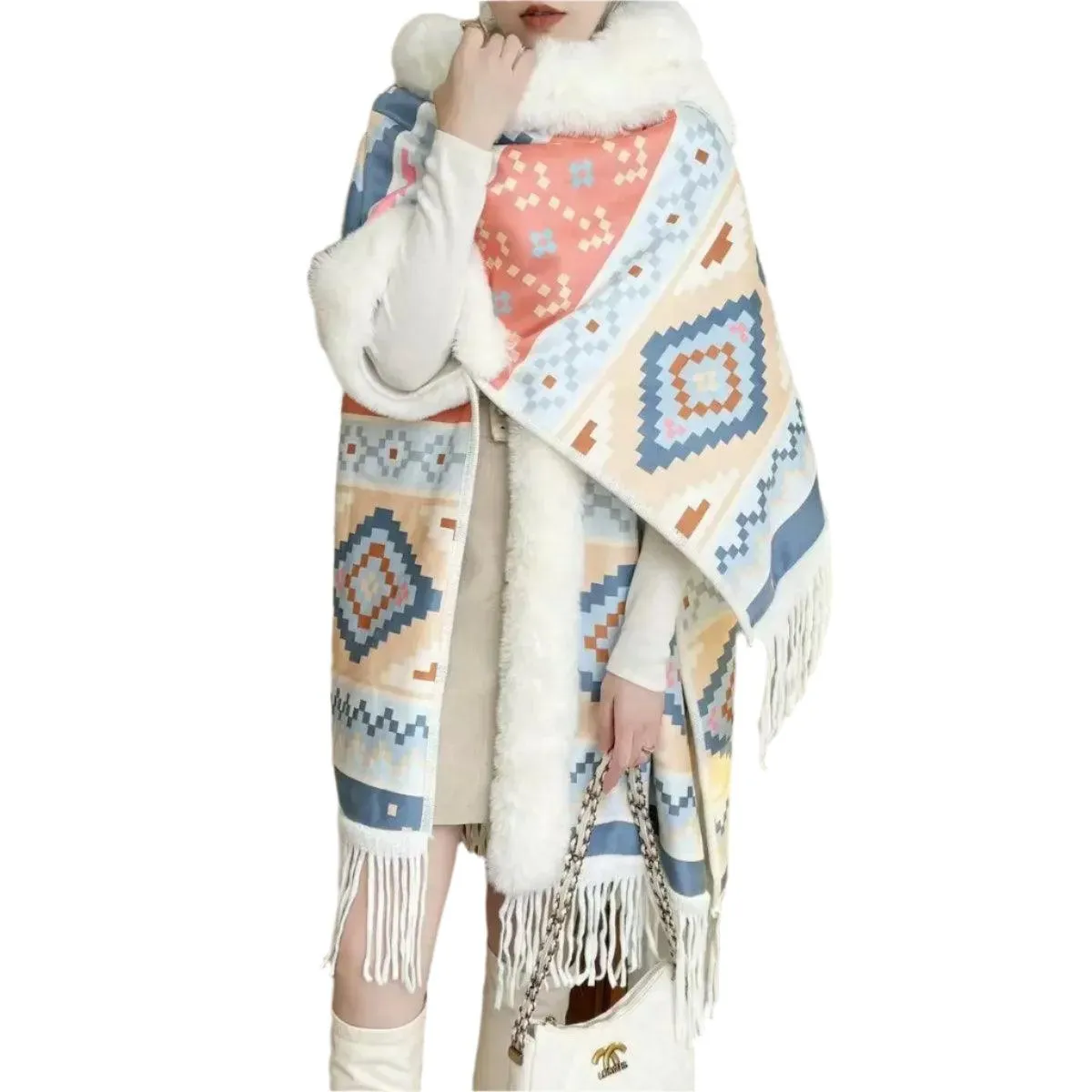 Luxury Woolen Hooded Cloak – Fall/Winter Fur Collar Poncho for Women