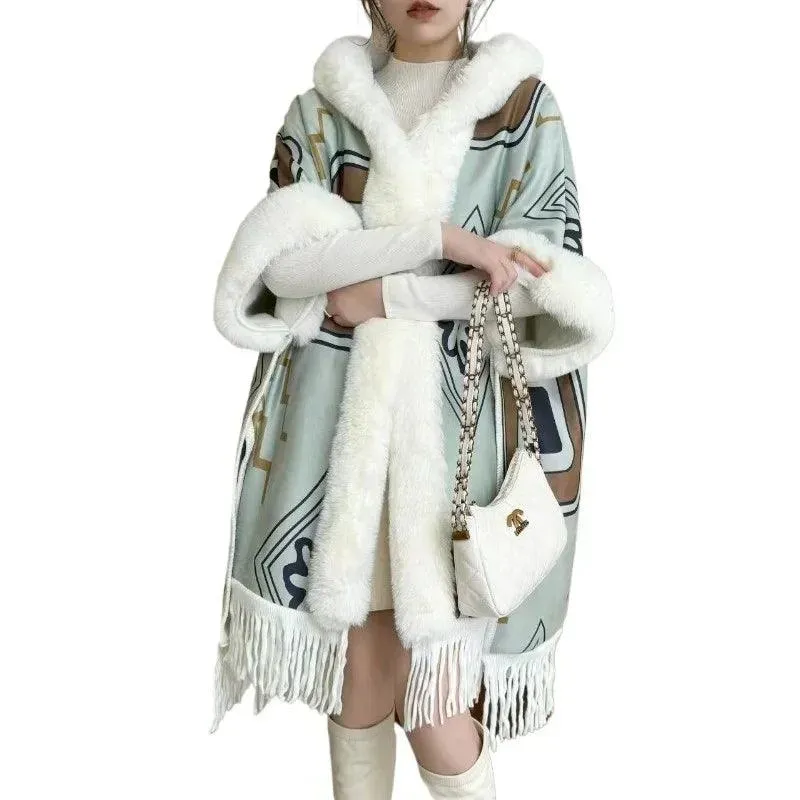 Luxury Woolen Hooded Cloak – Fall/Winter Fur Collar Poncho for Women