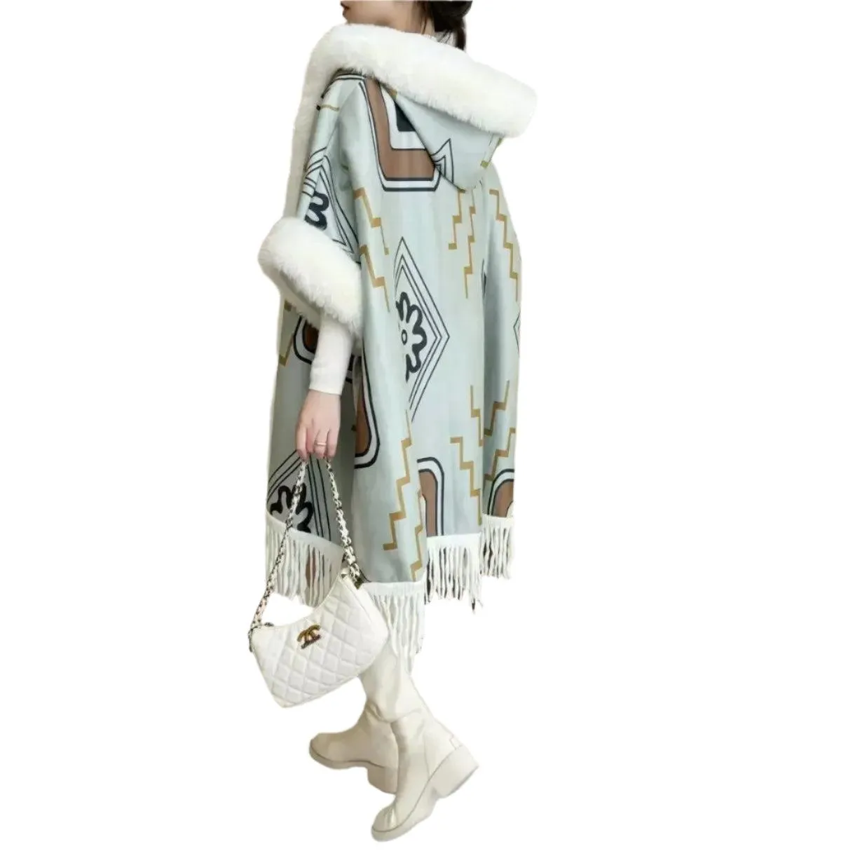 Luxury Woolen Hooded Cloak – Fall/Winter Fur Collar Poncho for Women