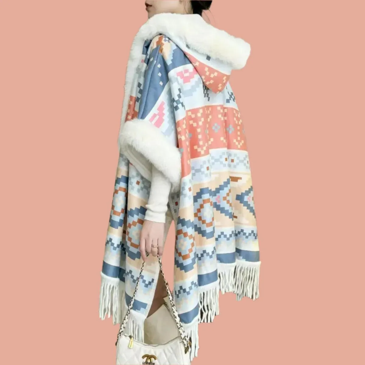 Luxury Woolen Hooded Cloak – Fall/Winter Fur Collar Poncho for Women