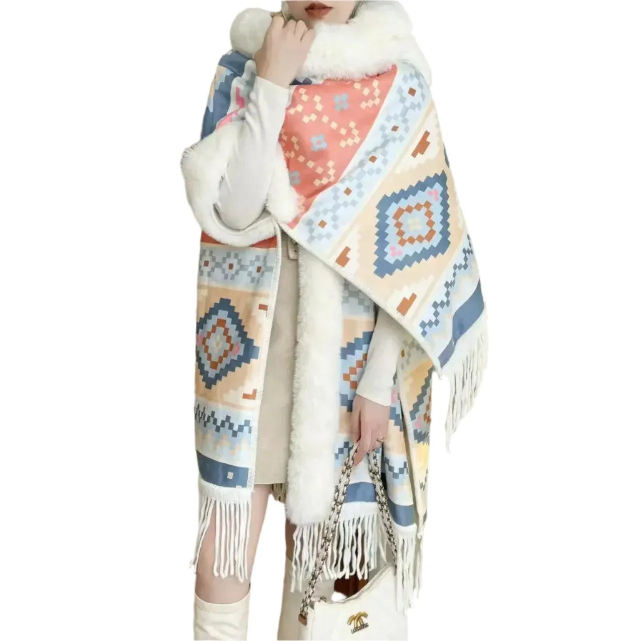 Luxury Woolen Hooded Cloak – Fall/Winter Fur Collar Poncho for Women