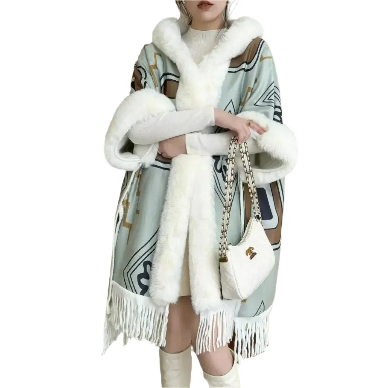 Luxury Woolen Hooded Cloak – Fall/Winter Fur Collar Poncho for Women