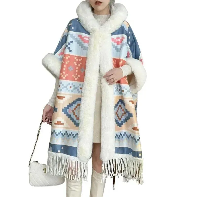 Luxury Woolen Hooded Cloak – Fall/Winter Fur Collar Poncho for Women