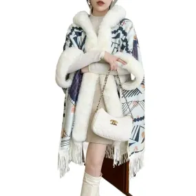 Luxury Woolen Hooded Cloak – Fall/Winter Fur Collar Poncho for Women