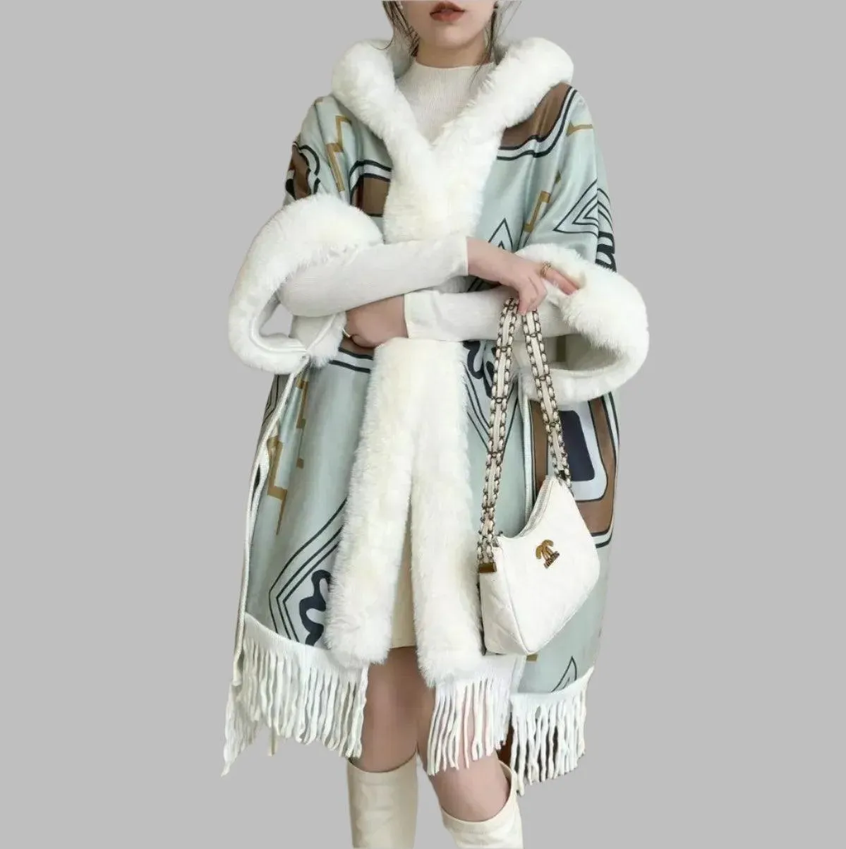 Luxury Woolen Hooded Cloak – Fall/Winter Fur Collar Poncho for Women