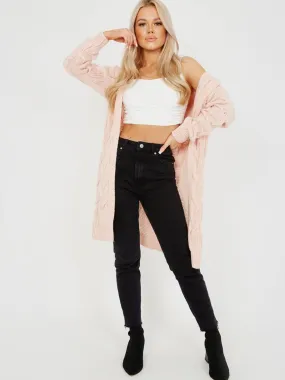 Melanie Cable Knit Detail Hooded Cardigan In Pink