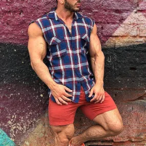 Men's Casual Fashion Plaid Printed Sleeveless T-shirt