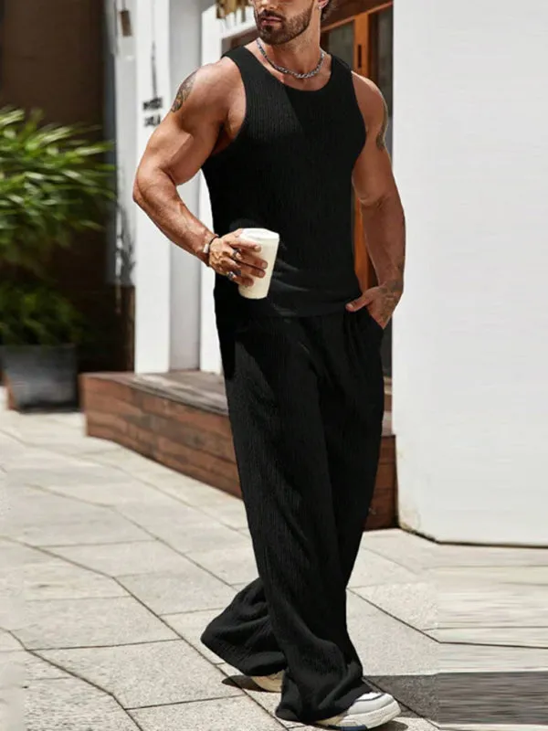 Men's Ribbed Sleeveless Outfit with Matching Pants