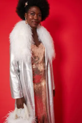 Metallic Silver Maxi Coat with Mongolian Fur Collar Vegan