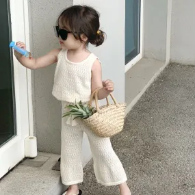 Mqtime 2-11Y Girl's Clothing Set 2023 Summer Korean Thin Knitted Girl's Set Hollow knit Breathable Vest   Wide Leg Pants Two-piece Suit