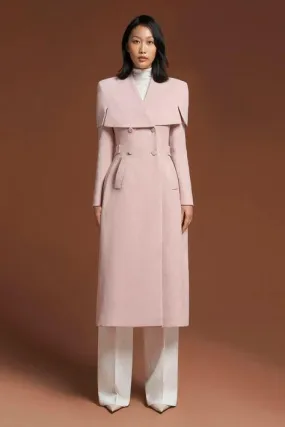 Pastel pink suede leather cape shoulders trench coat- Mimi
