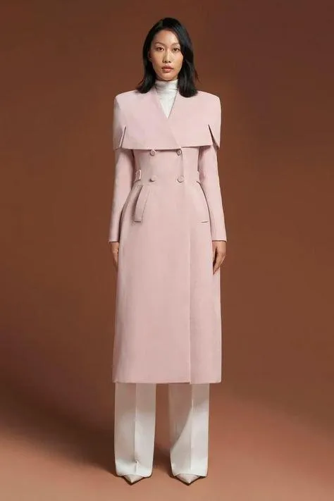 Pastel pink suede leather cape shoulders trench coat- Mimi