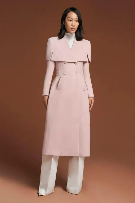 Pastel pink suede leather cape shoulders trench coat- Mimi