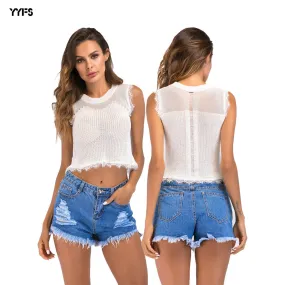 PEOPLETERRITORY 2025 women's clothing sexy exposed navel vest women's popular fashion bead hollow lace splicing sleeveless short knitted sweater