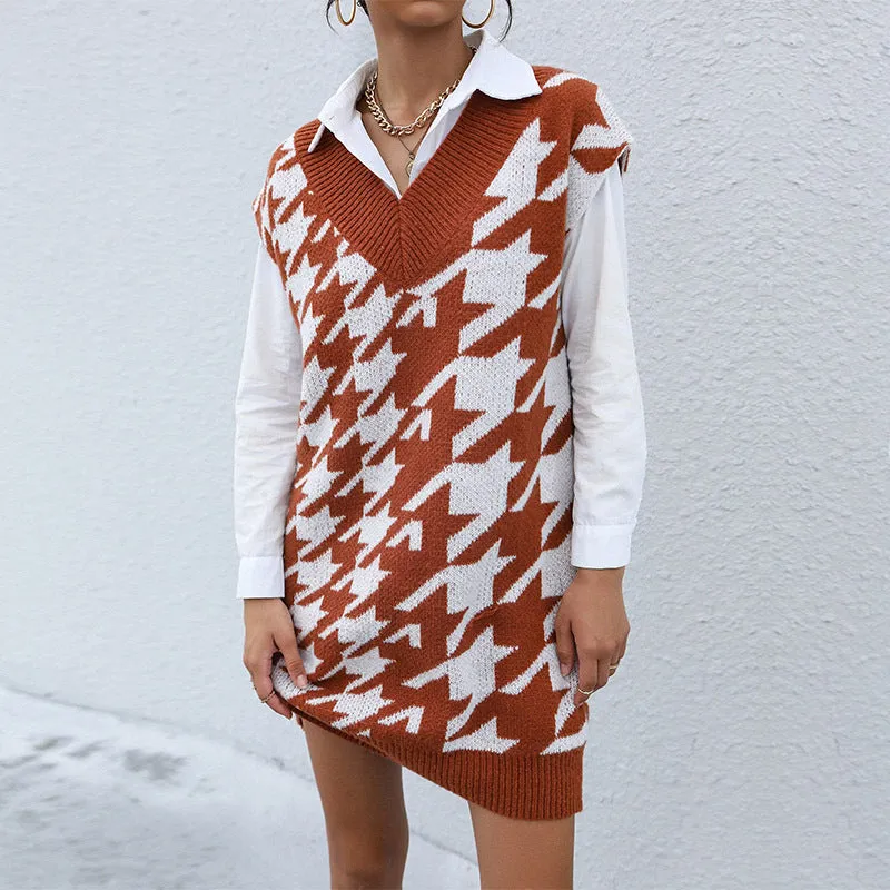 PEOPLETERRITORY New 2025 Popular trade fashion women's clothing medium and long knitted v-neck sleeveless thousand bird grid vest sweater skirt