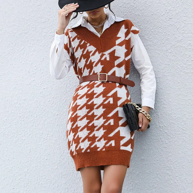PEOPLETERRITORY New 2025 Popular trade fashion women's clothing medium and long knitted v-neck sleeveless thousand bird grid vest sweater skirt