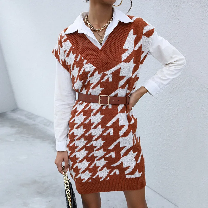 PEOPLETERRITORY New 2025 Popular trade fashion women's clothing medium and long knitted v-neck sleeveless thousand bird grid vest sweater skirt