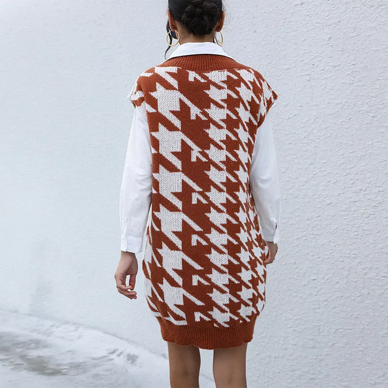 PEOPLETERRITORY New 2025 Popular trade fashion women's clothing medium and long knitted v-neck sleeveless thousand bird grid vest sweater skirt