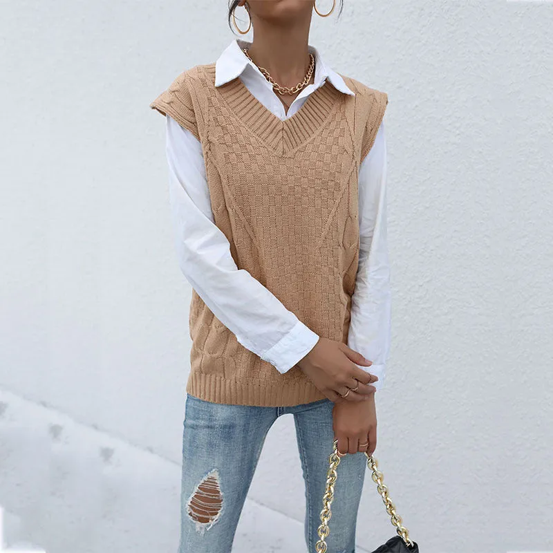 PEOPLETERRITORY New 2025 women's clothing tops, knitted twist vest V-neck sweater with pullover and sleeveless vest