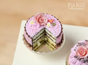 Pink And Chocolate Layer Cake decorated with Pink Rose - Miniature Food in 12th Scale for Dollhouse