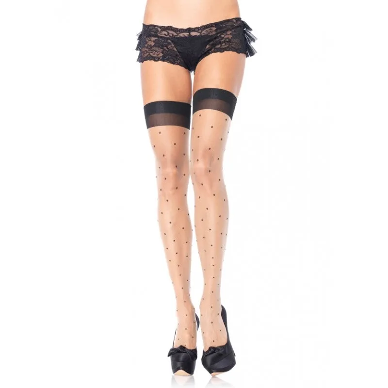 Plus Size Polka Dot Sheer Thigh Highs with Cuban Heel & Contrast Top