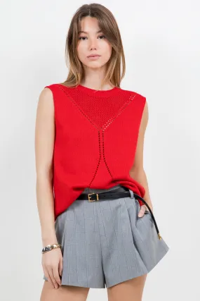 POINTELLE KNITTED SWEATER VEST - RED