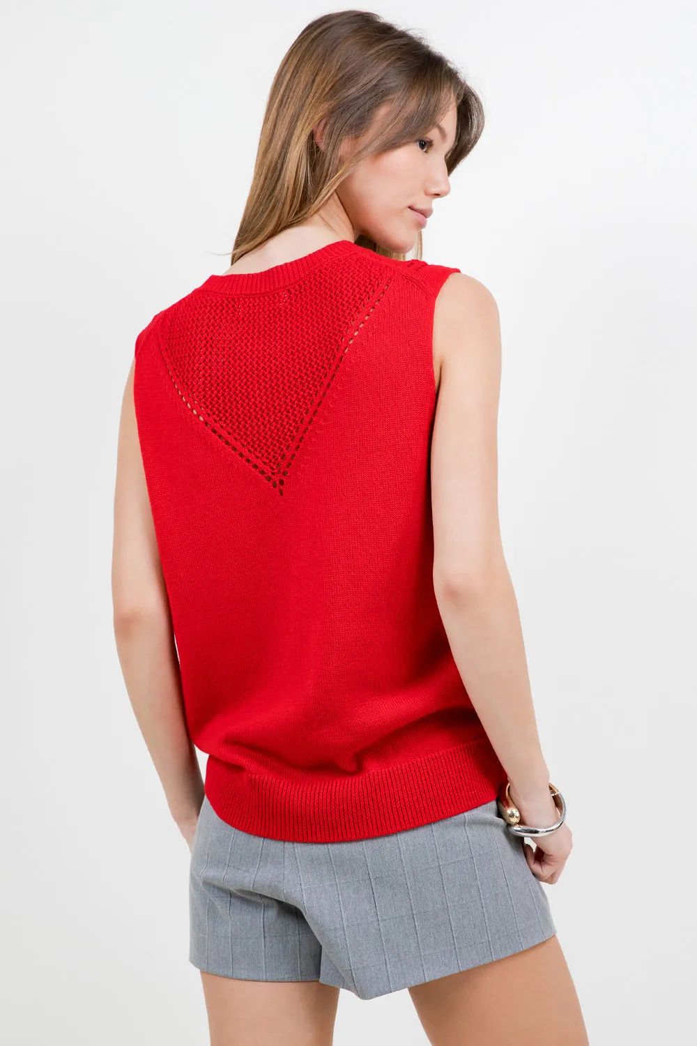 POINTELLE KNITTED SWEATER VEST - RED