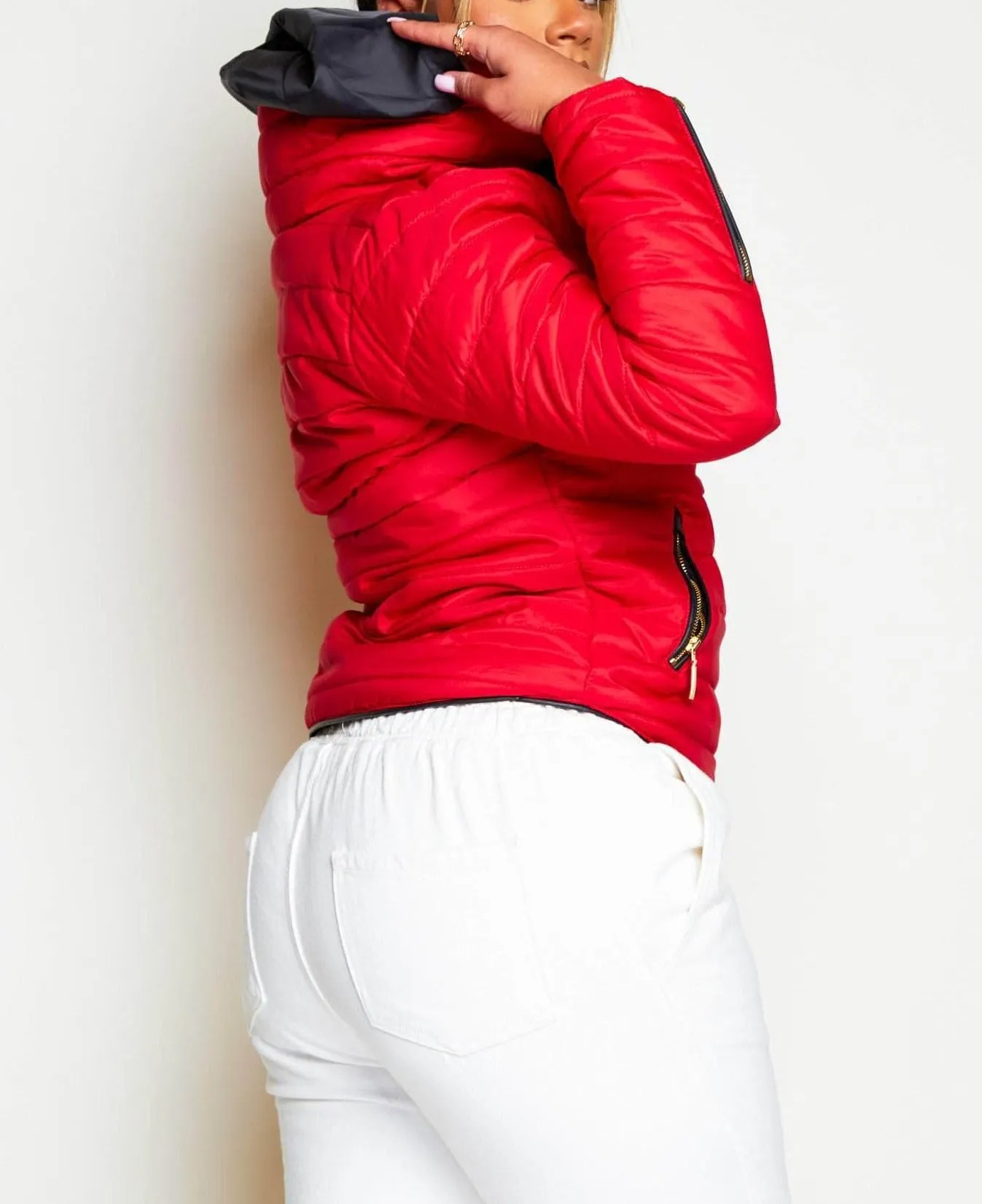 Red Padded Fur Collared Puffer Jacket
