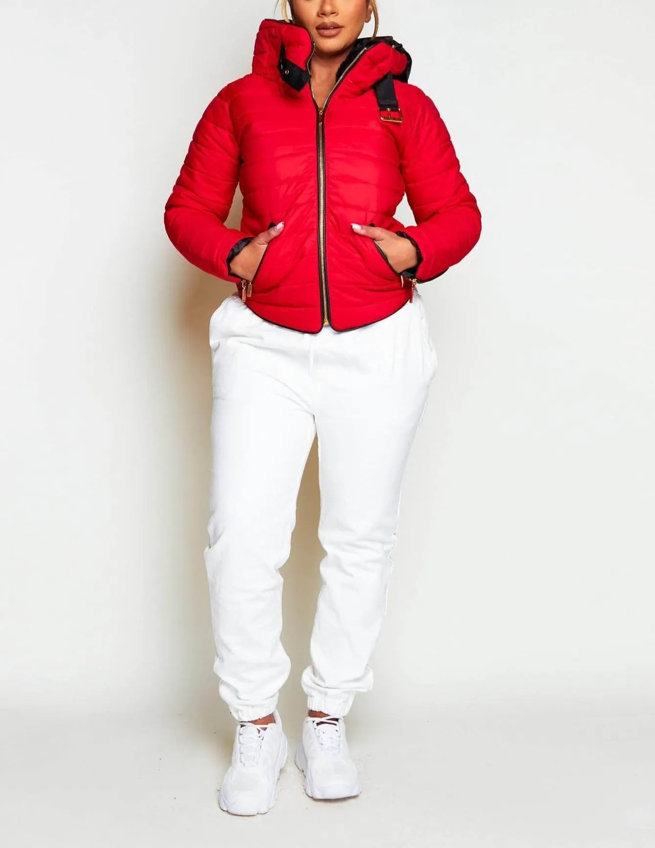 Red Padded Fur Collared Puffer Jacket