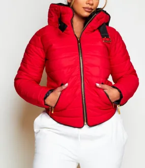 Red Padded Fur Collared Puffer Jacket