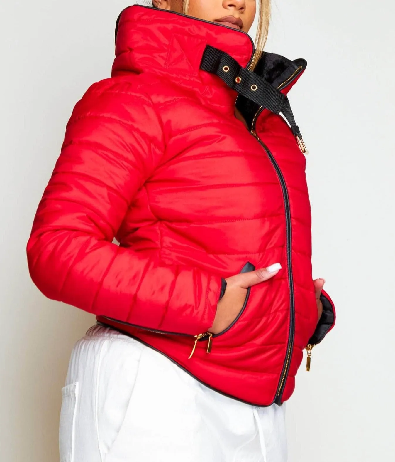 Red Padded Fur Collared Puffer Jacket