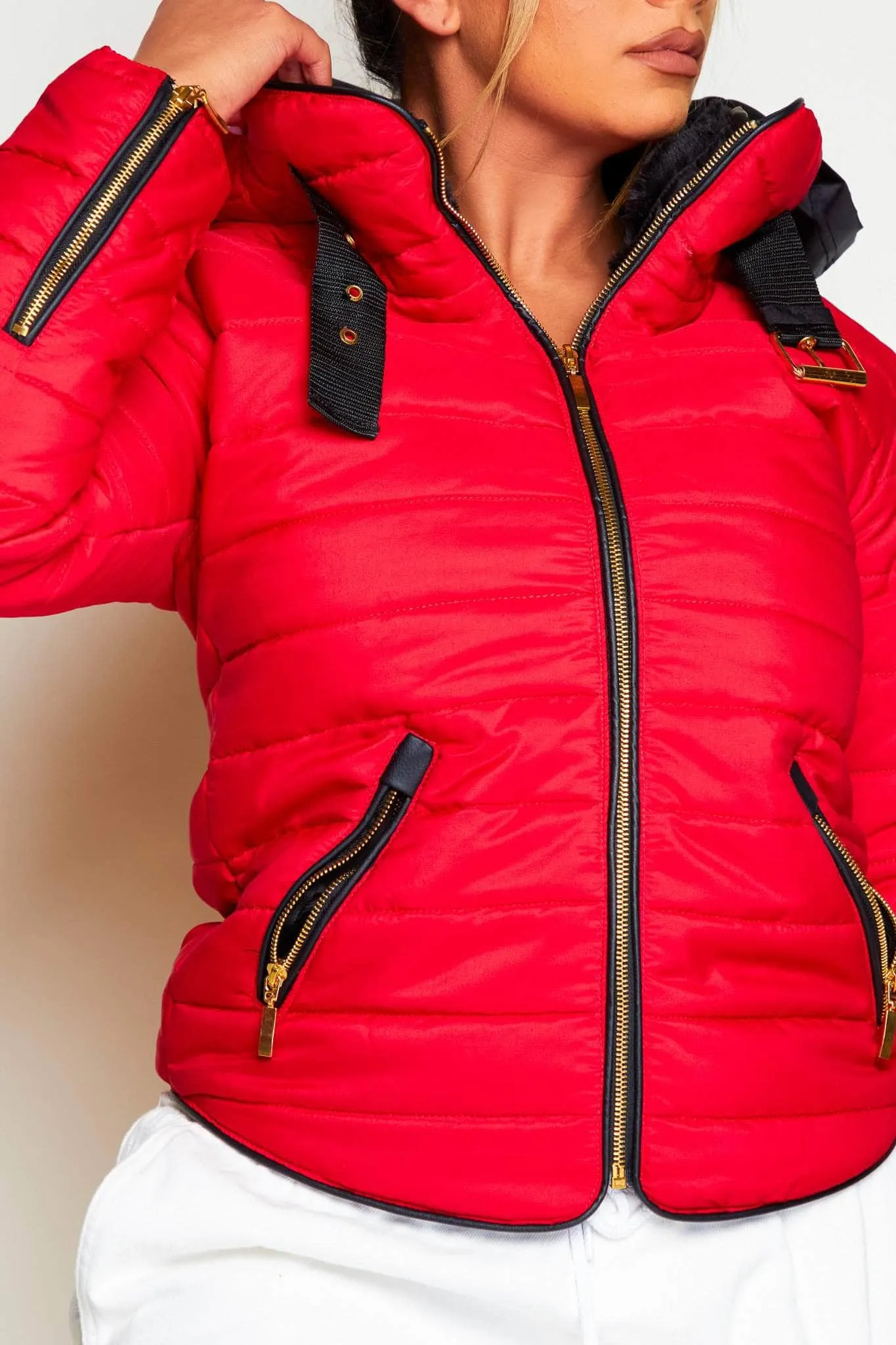 Red Padded Fur Collared Puffer Jacket