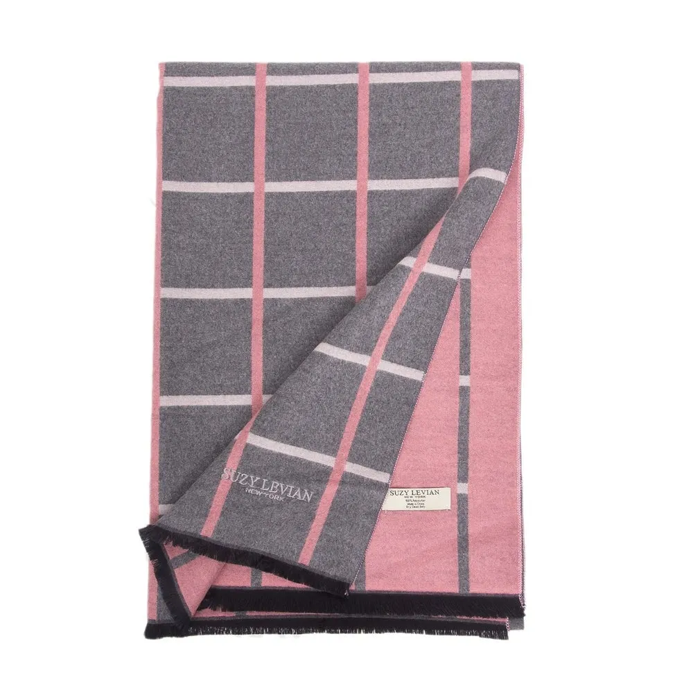 Suzy Levian Women's Grey and Pink Geometric Striped Winter Scarf