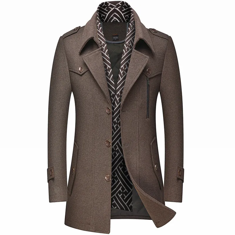 Thick Men's Woolen Trench Coat And Scarf Mid-Length Woolen Coat