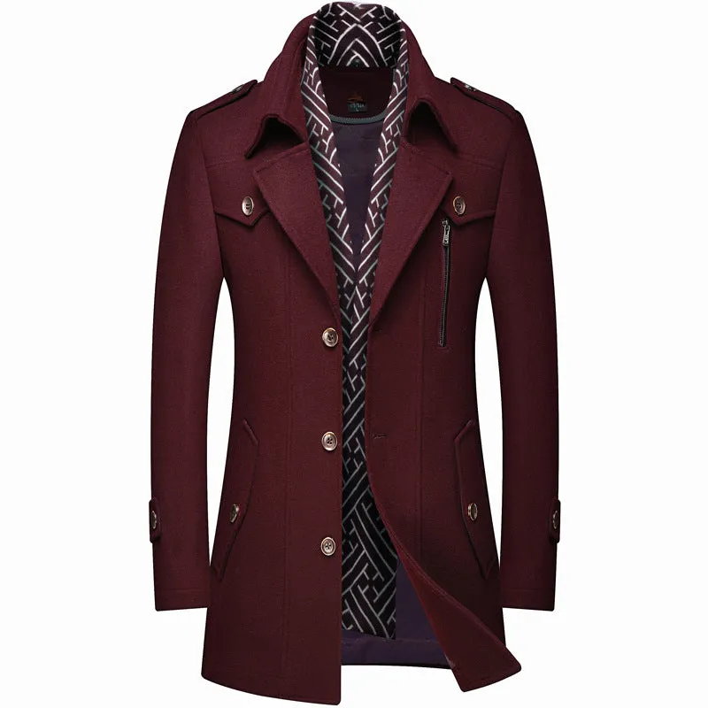 Thick Men's Woolen Trench Coat And Scarf Mid-Length Woolen Coat